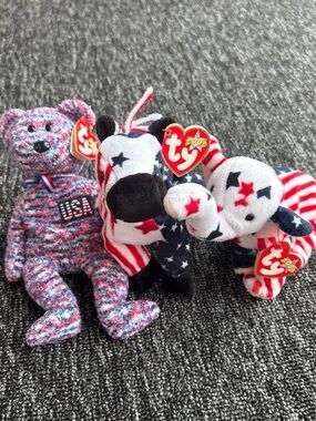 Ty Patriotic Bear, Horse & Elephant Plush Trio - Red White Blue